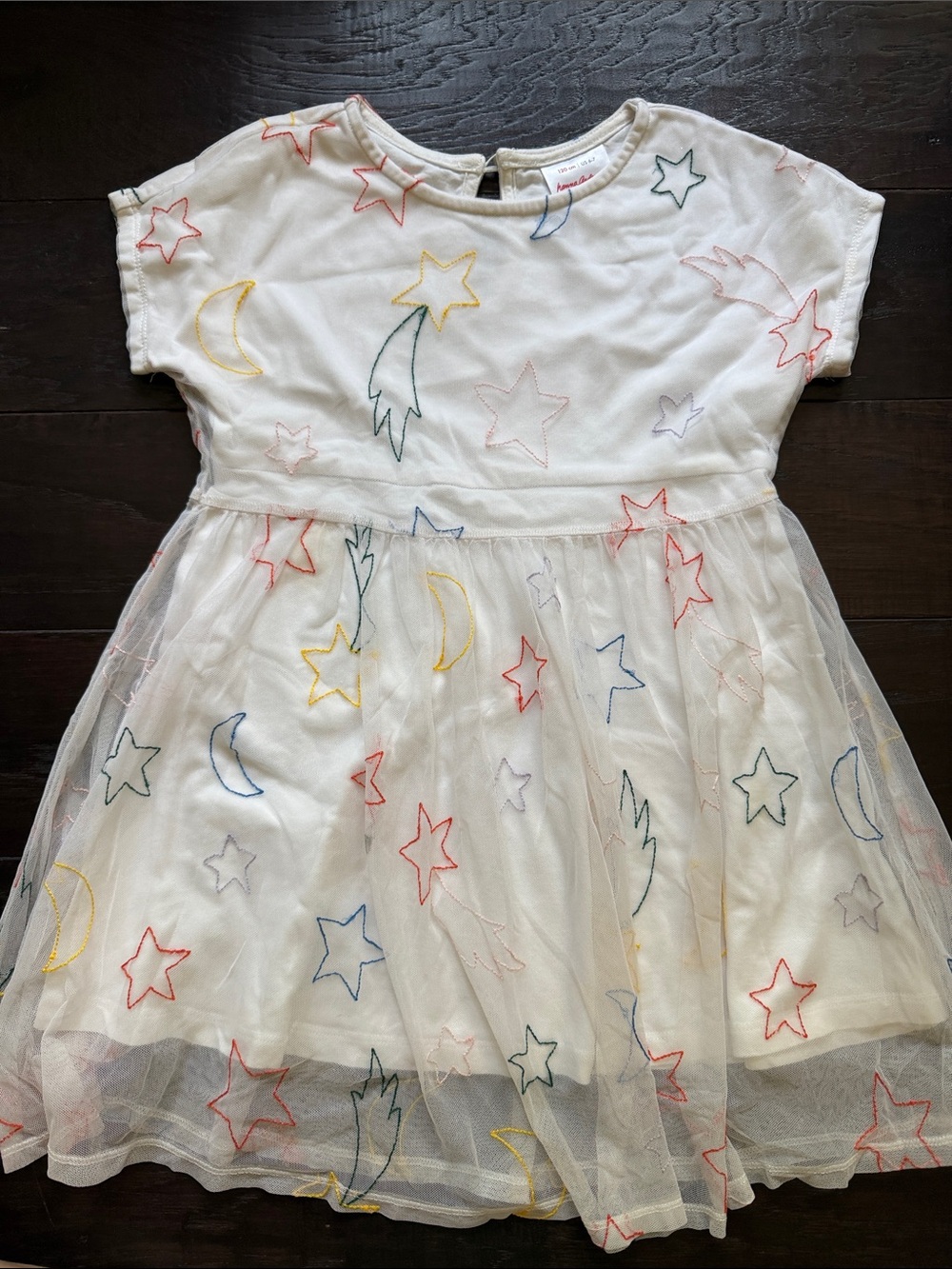 Mini Boden White Tulle Dress with Multicolor Star & Moon Embroidery